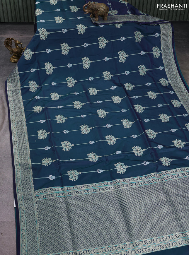 Banarasi semi katan silk saree dual shade of bluish green with alover zari weaves and zari woven border