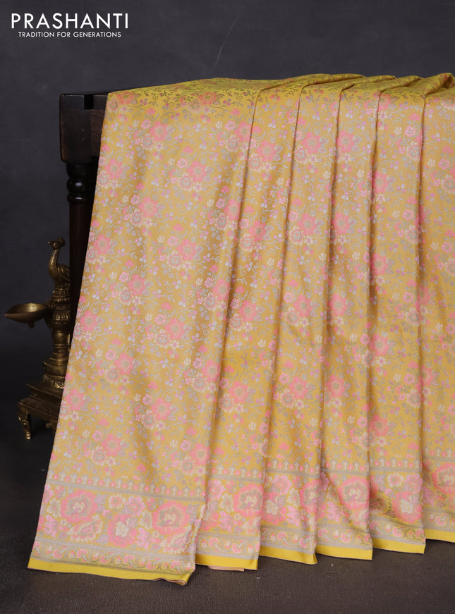 Banarasi semi katan silk saree yellow with allover thread brocade weaves and thread woven border