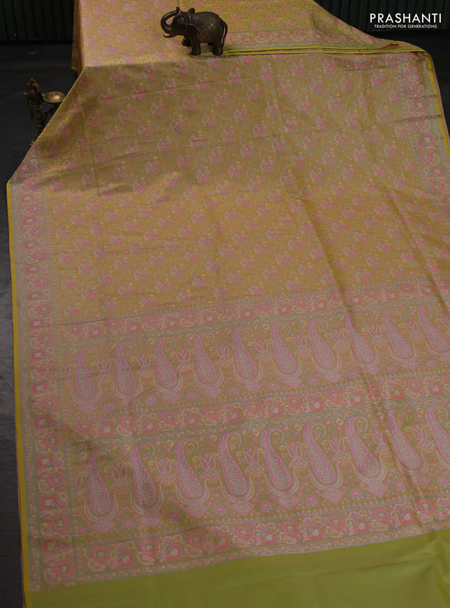 Banarasi semi katan silk saree yellow with allover thread brocade weaves and thread woven border