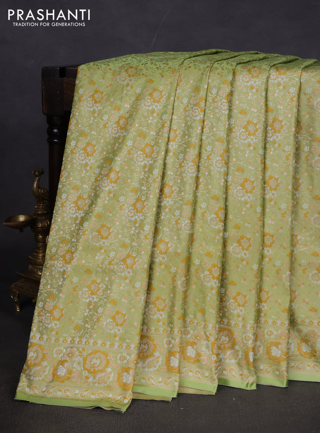 Banarasi semi katan silk saree pista green with allover thread brocade weaves and thread woven border