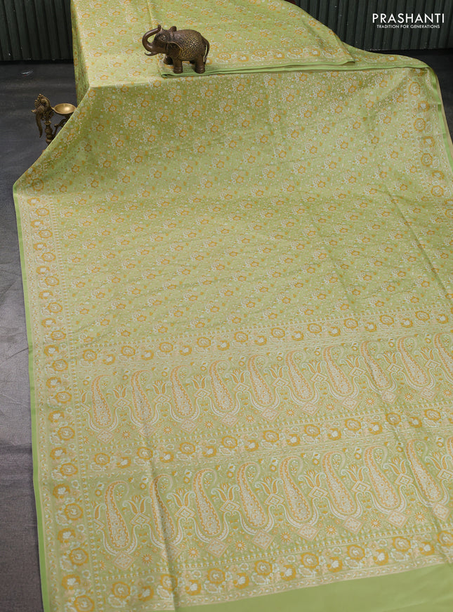 Banarasi semi katan silk saree pista green with allover thread brocade weaves and thread woven border