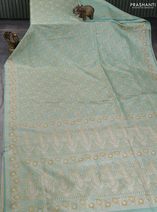Banarasi semi katan silk saree pastel green with allover thread brocade weaves and thread woven border