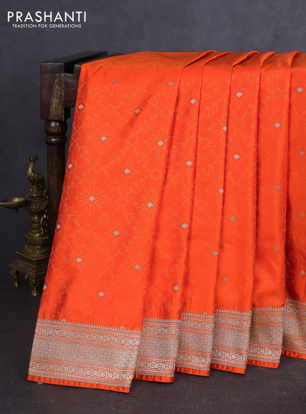 Banarasi semi katan silk saree orange with allover self emboss & zari buttas and zari woven border