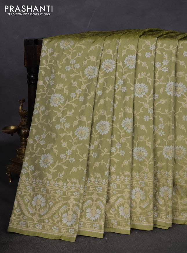 Banarasi semi katan silk saree pastel green with allover zari weaves and zari woven border