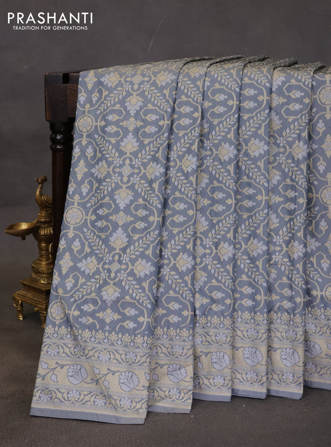 Banarasi semi katan silk saree grey with allover silver & gold zari weaves and zari woven border