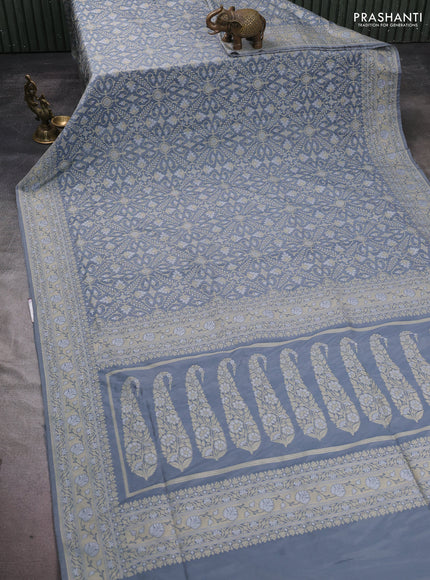 Banarasi semi katan silk saree grey with allover silver & gold zari weaves and zari woven border