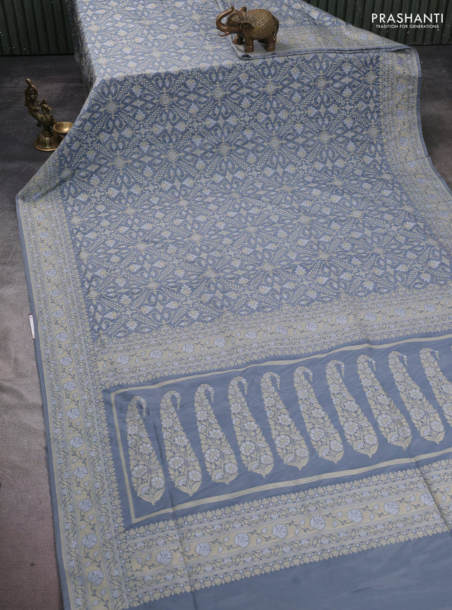 Banarasi semi katan silk saree grey with allover silver & gold zari weaves and zari woven border