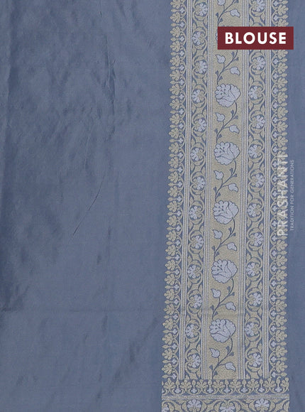 Banarasi semi katan silk saree grey with allover silver & gold zari weaves and zari woven border