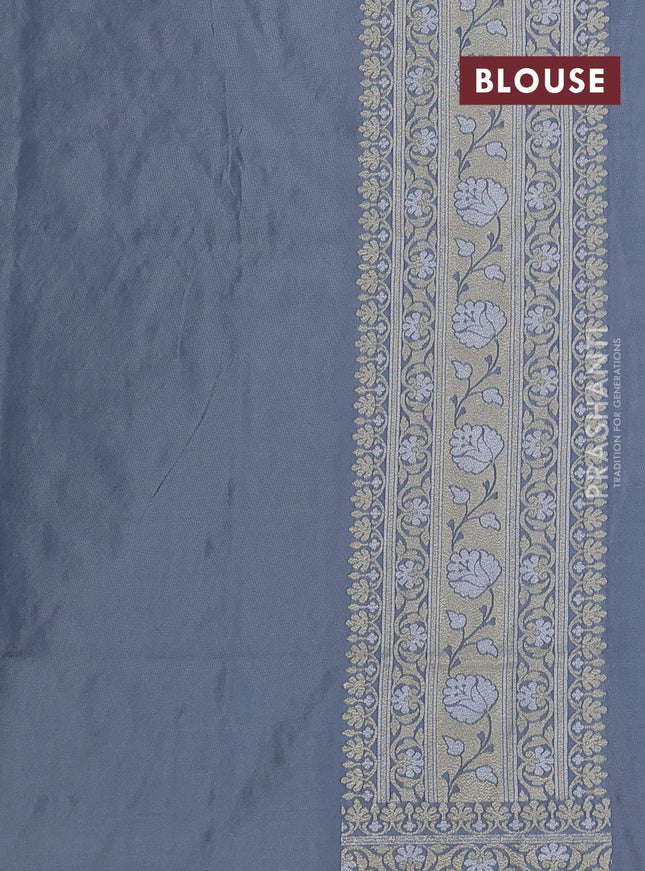 Banarasi semi katan silk saree grey with allover silver & gold zari weaves and zari woven border