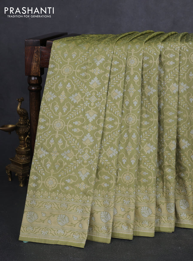 Banarasi semi katan silk saree pastel green with allover silver & gold zari weaves and zari woven border