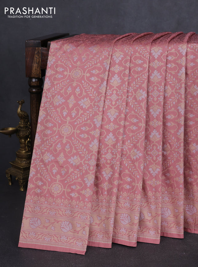 Banarasi semi katan silk saree peach shade with allover silver & gold zari weaves and zari woven border