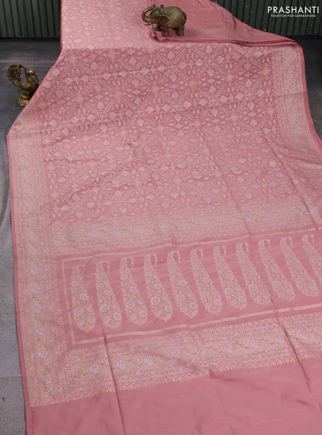 Banarasi semi katan silk saree peach shade with allover silver & gold zari weaves and zari woven border