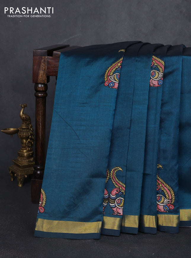 Silk cotton saree peacock green with kalamkari applique work and zari woven border