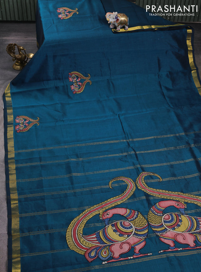 Silk cotton saree peacock green with kalamkari applique work and zari woven border