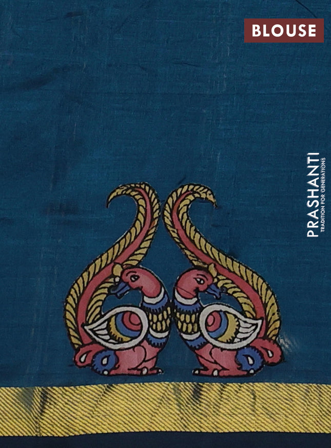 Silk cotton saree peacock green with kalamkari applique work and zari woven border