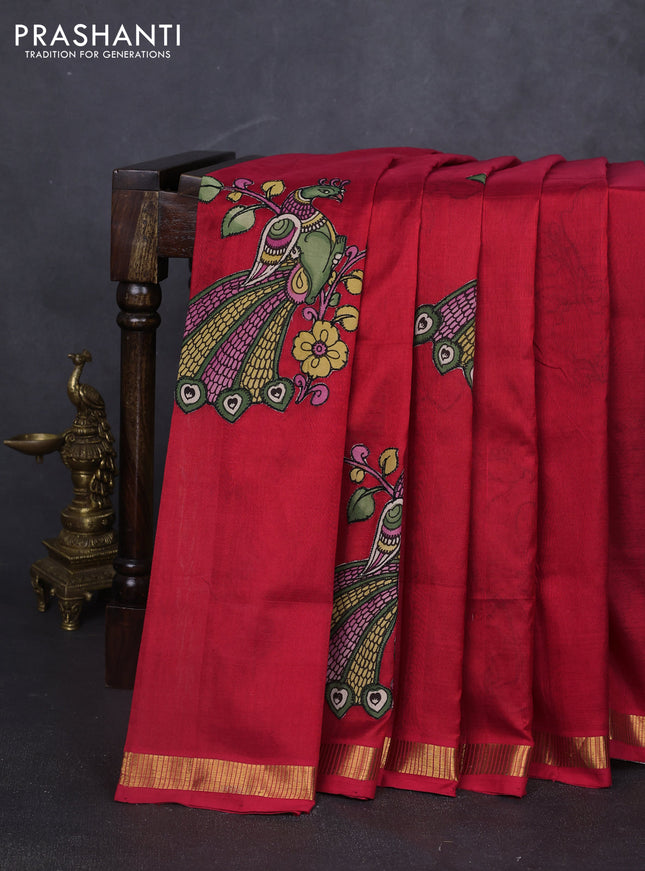 Silk cotton saree red with kalamkari applique work and zari woven border