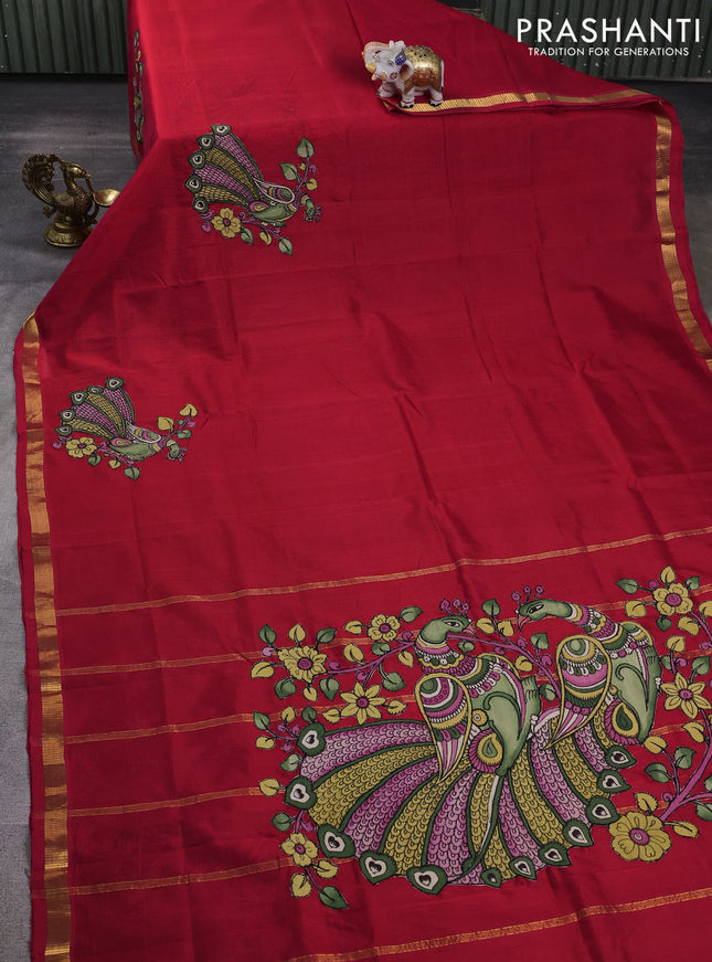 Silk cotton saree red with kalamkari applique work and zari woven border