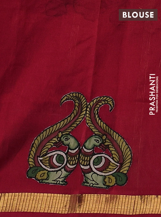Silk cotton saree red with kalamkari applique work and zari woven border