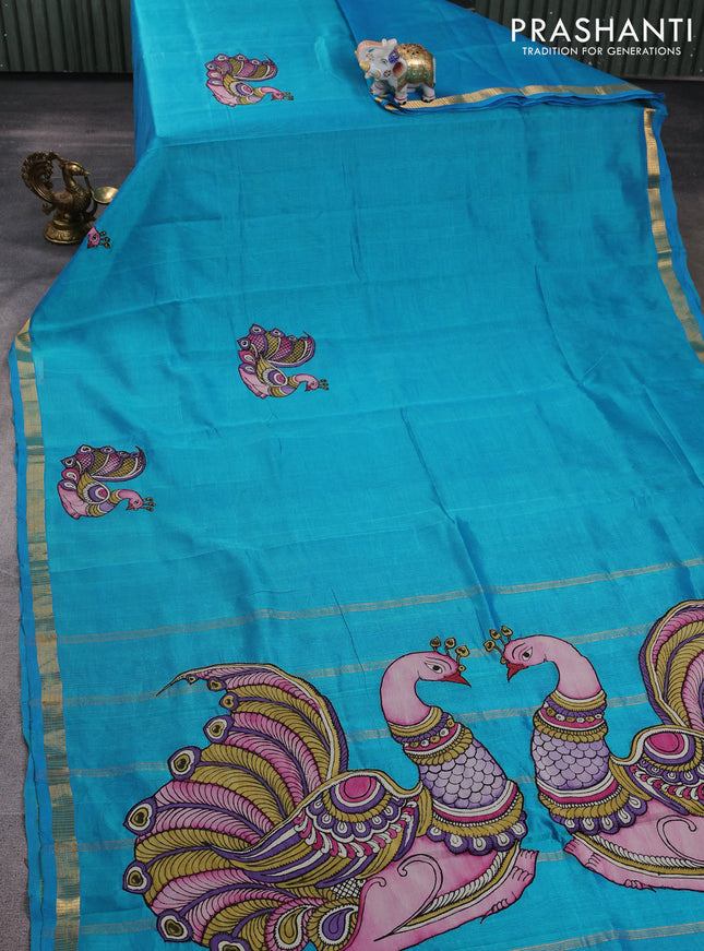 Silk cotton saree teal blue with kalamkari applique work and zari woven border