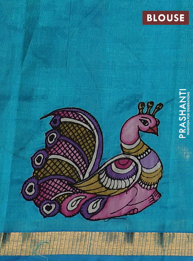 Silk cotton saree teal blue with kalamkari applique work and zari woven border