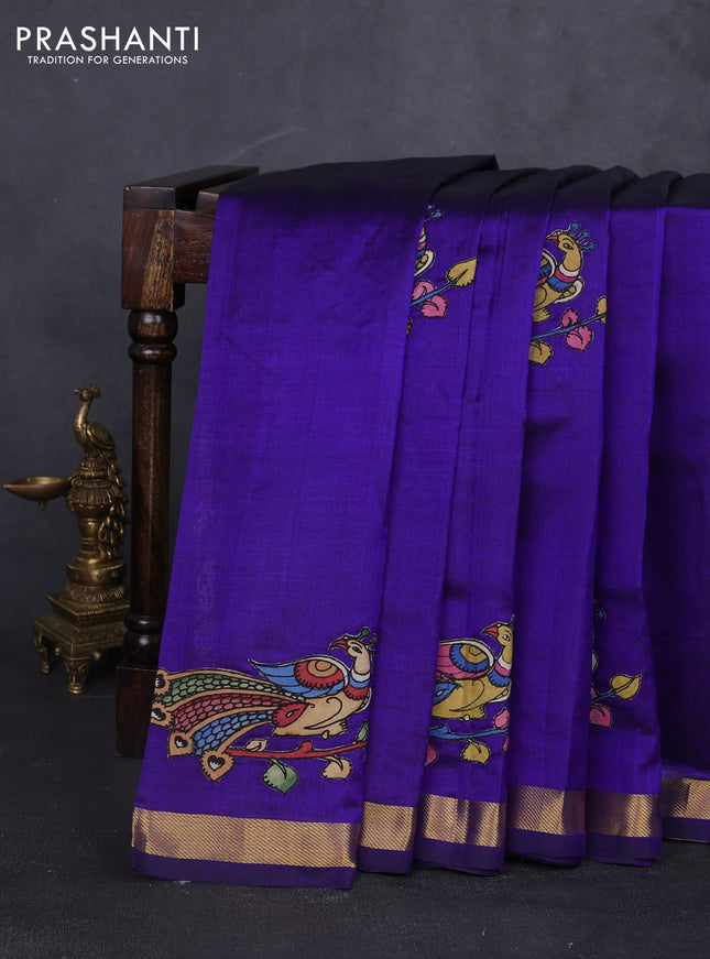 Silk cotton saree violet shade with kalamkari applique work and zari woven border