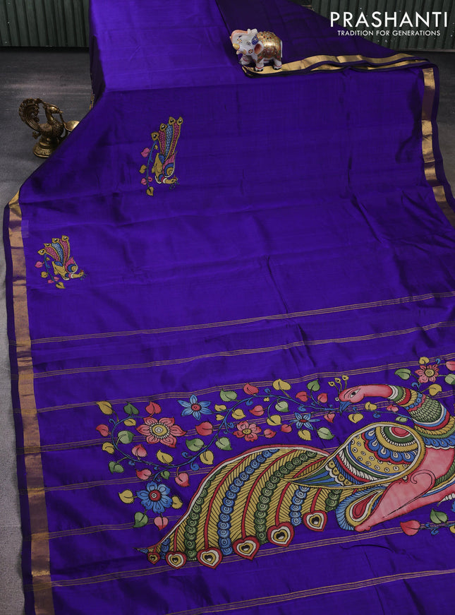 Silk cotton saree violet shade with kalamkari applique work and zari woven border