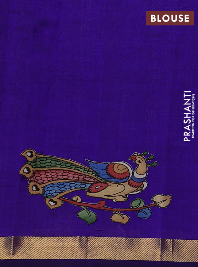 Silk cotton saree violet shade with kalamkari applique work and zari woven border