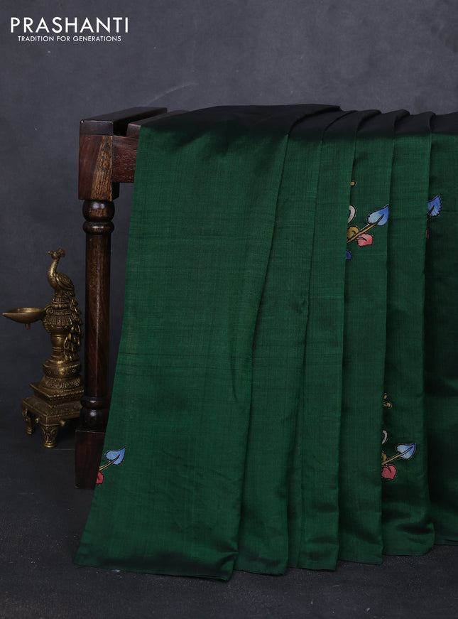 Silk cotton saree bottle green with kalamkari applique work in borderless style