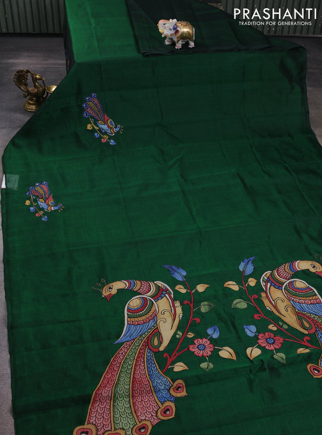 Silk cotton saree bottle green with kalamkari applique work in borderless style
