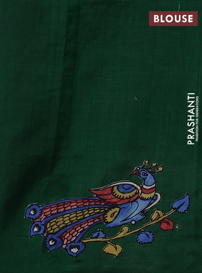 Silk cotton saree bottle green with kalamkari applique work in borderless style