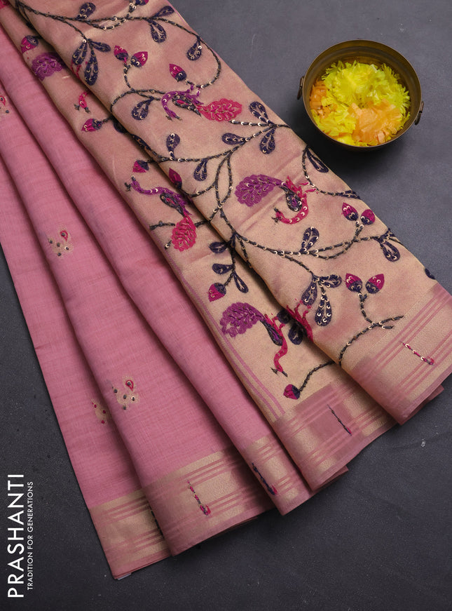 Jamdhani cotton saree peach pink with thread woven buttas & embroidery work and embroidery jamdhani pallu