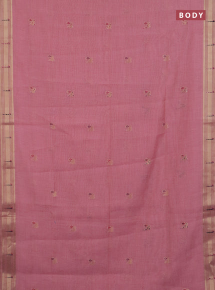 Jamdhani cotton saree peach pink with thread woven buttas & embroidery work and embroidery jamdhani pallu