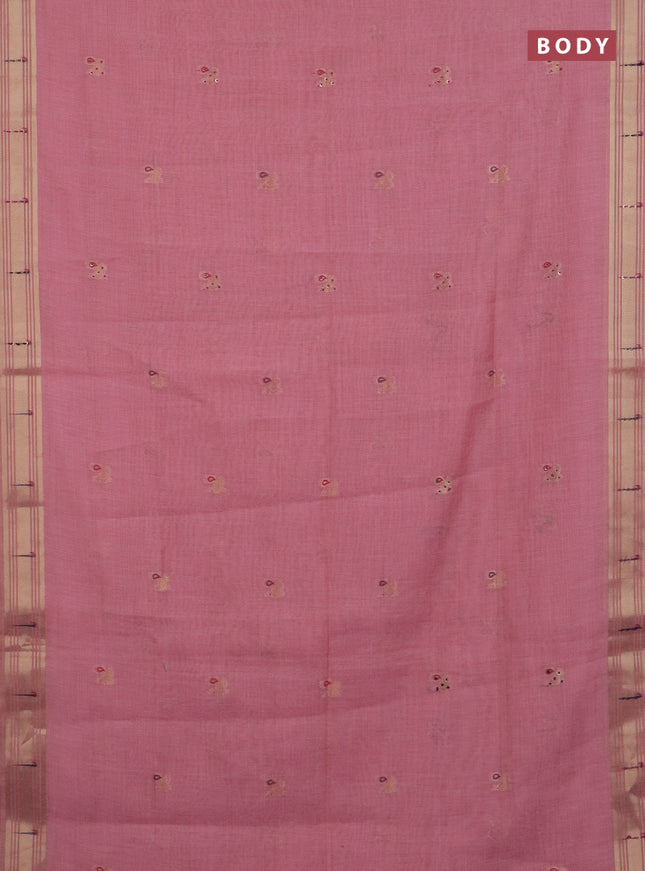 Jamdhani cotton saree peach pink with thread woven buttas & embroidery work and embroidery jamdhani pallu