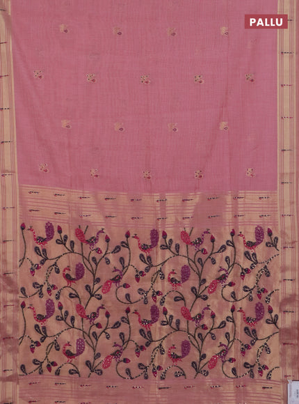 Jamdhani cotton saree peach pink with thread woven buttas & embroidery work and embroidery jamdhani pallu