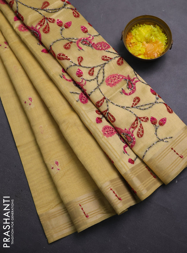 Jamdhani cotton saree pale yellow with thread woven buttas & embroidery work and embroidery jamdhani pallu
