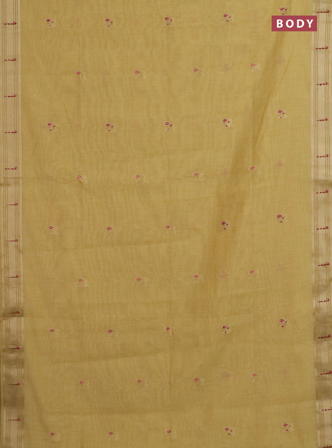 Jamdhani cotton saree pale yellow with thread woven buttas & embroidery work and embroidery jamdhani pallu