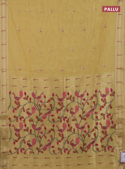 Jamdhani cotton saree pale yellow with thread woven buttas & embroidery work and embroidery jamdhani pallu