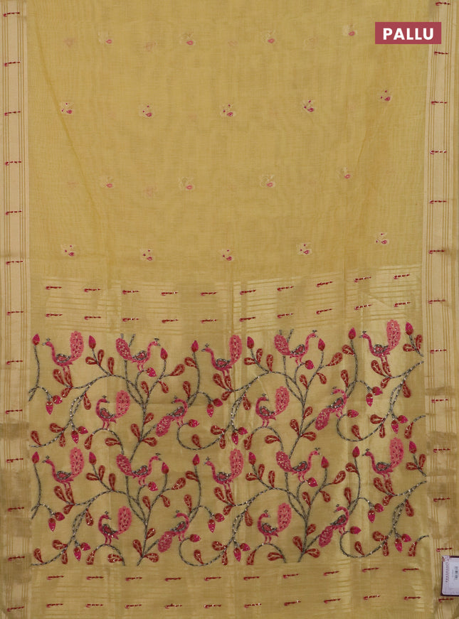 Jamdhani cotton saree pale yellow with thread woven buttas & embroidery work and embroidery jamdhani pallu