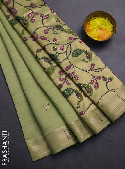 Jamdhani cotton saree pista green with thread woven buttas & embroidery work and embroidery jamdhani pallu