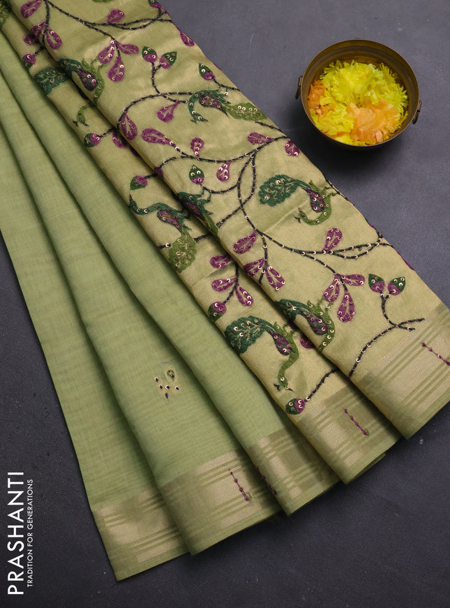 Jamdhani cotton saree pista green with thread woven buttas & embroidery work and embroidery jamdhani pallu