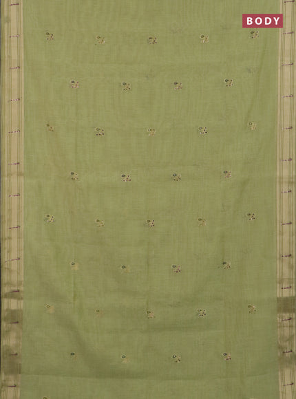 Jamdhani cotton saree pista green with thread woven buttas & embroidery work and embroidery jamdhani pallu
