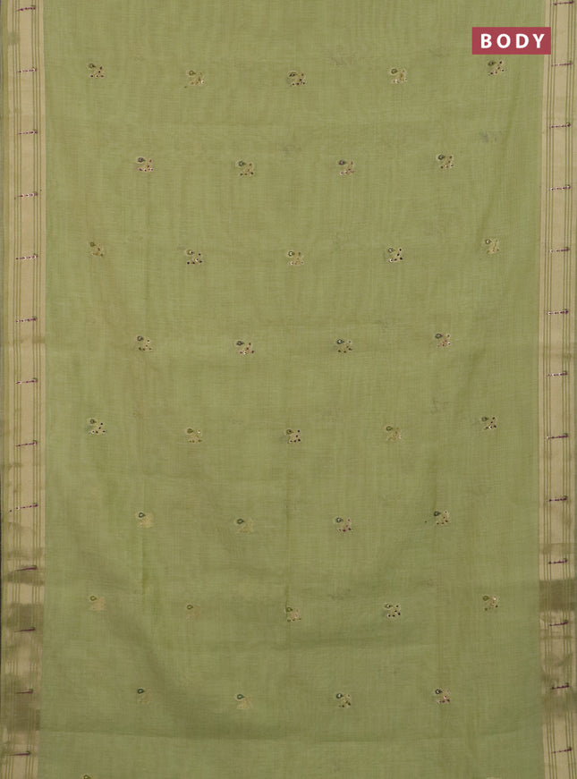 Jamdhani cotton saree pista green with thread woven buttas & embroidery work and embroidery jamdhani pallu