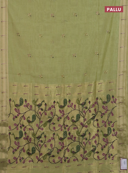 Jamdhani cotton saree pista green with thread woven buttas & embroidery work and embroidery jamdhani pallu