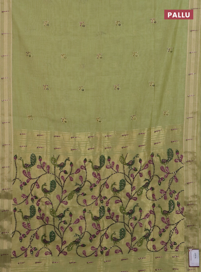 Jamdhani cotton saree pista green with thread woven buttas & embroidery work and embroidery jamdhani pallu