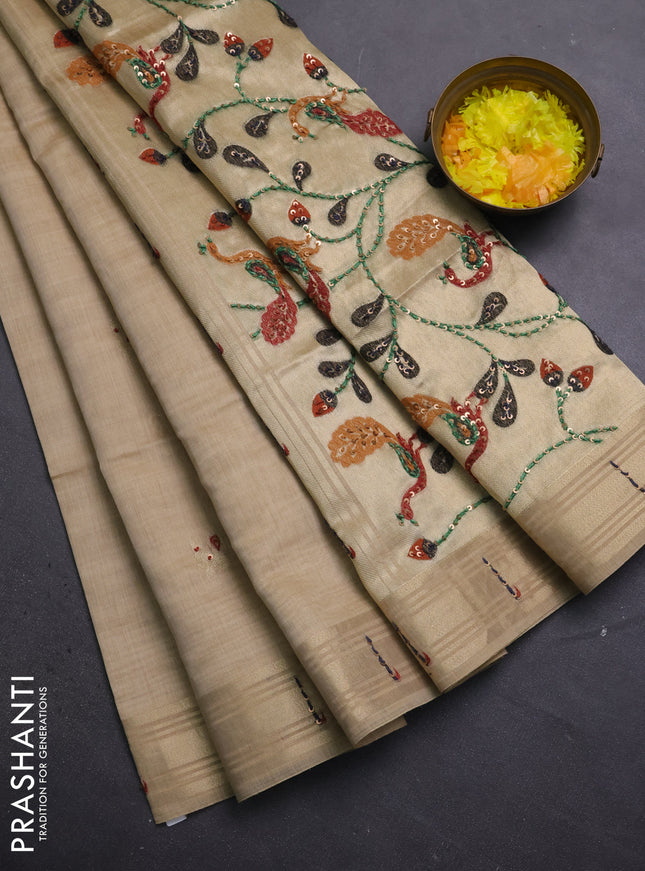 Jamdhani cotton saree sandal with thread woven buttas & embroidery work and embroidery jamdhani pallu