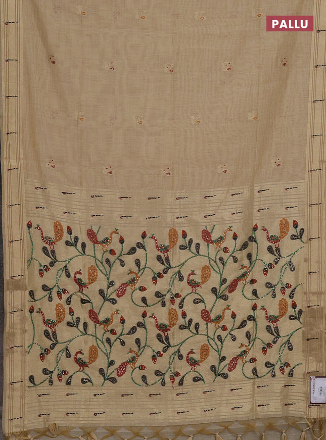 Jamdhani cotton saree sandal with thread woven buttas & embroidery work and embroidery jamdhani pallu