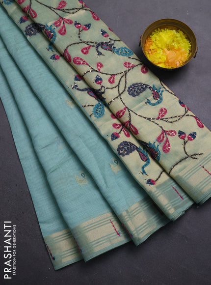 Jamdhani cotton saree teal shade with thread woven buttas & embroidery work and embroidery jamdhani pallu