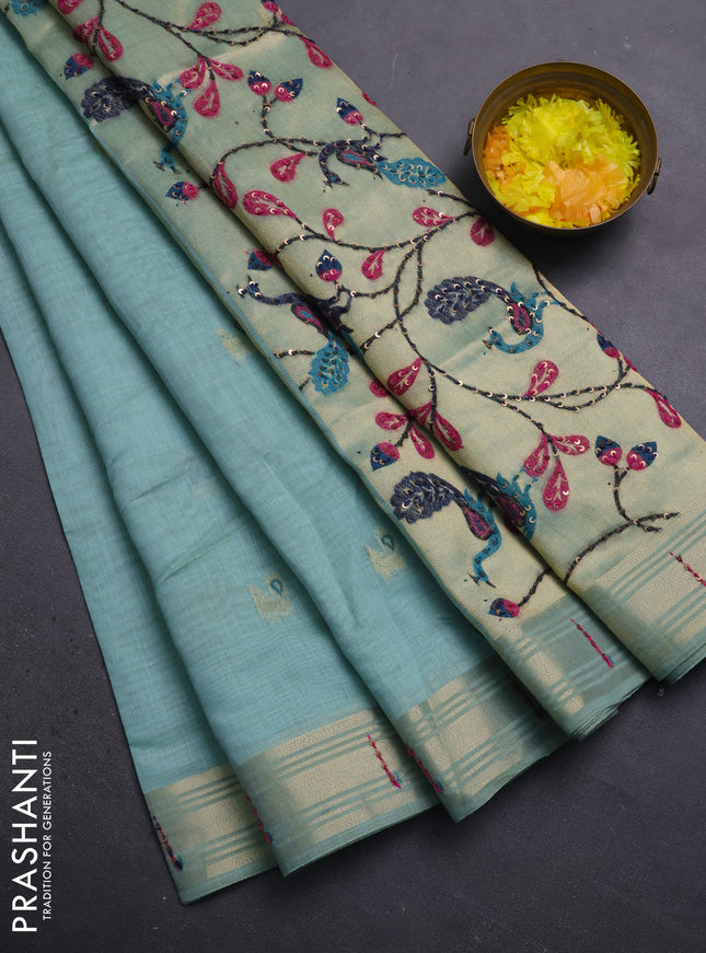 Jamdhani cotton saree teal shade with thread woven buttas & embroidery work and embroidery jamdhani pallu