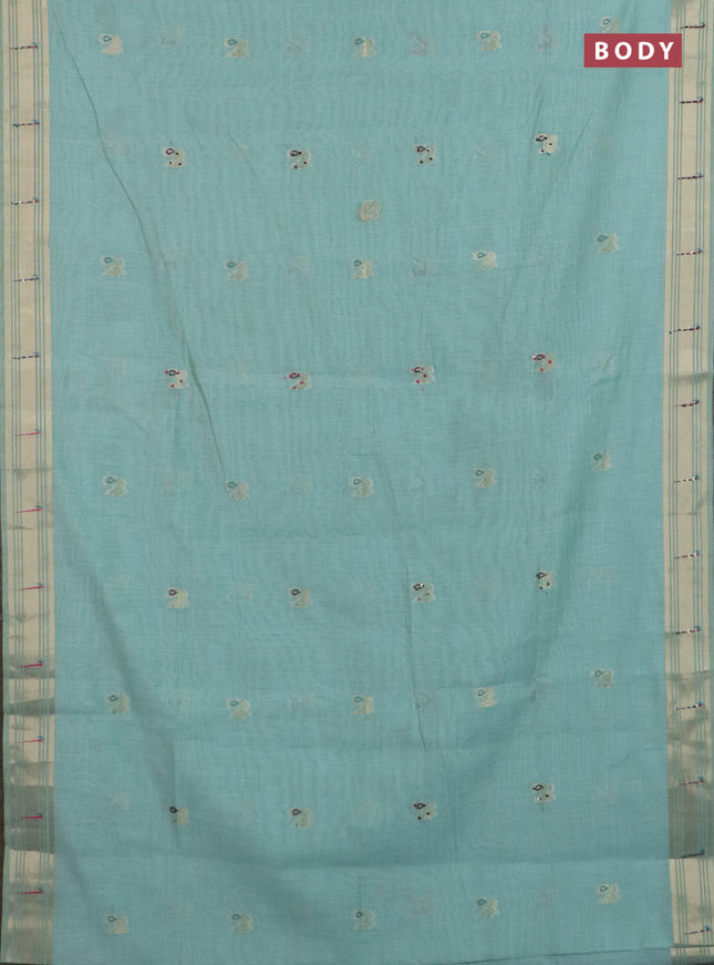 Jamdhani cotton saree teal shade with thread woven buttas & embroidery work and embroidery jamdhani pallu