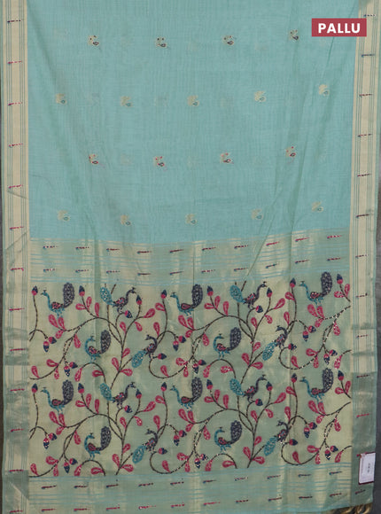 Jamdhani cotton saree teal shade with thread woven buttas & embroidery work and embroidery jamdhani pallu